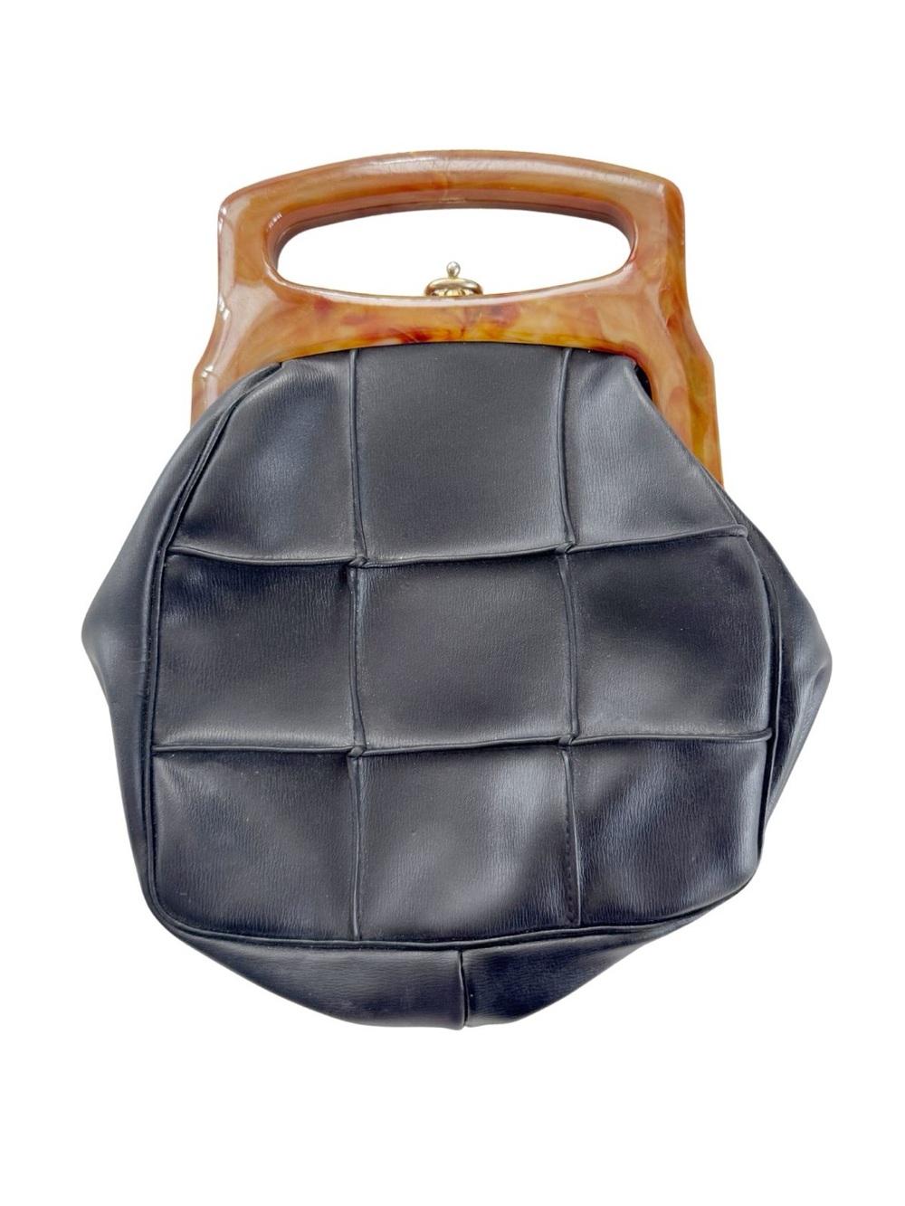 Vintage 1960s Black Leather Bag with Lucite/Plastic Tortoiseshell Print Handle